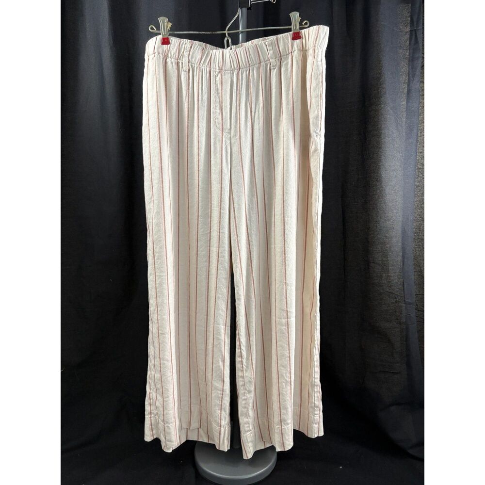 J.Jill Linen Stretch Striped Pull On Pants M Ivory Pink Wide Leg Coastal